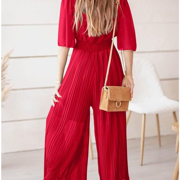 Red wide leg pantsuit Chiffon Wrap V Neck Jumpsuit size Medium red fall #187 - Picture 4 of 4